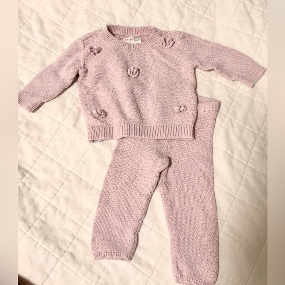 Little Planet Organic Cotton Bow Sweater Knit Set Daylily Pink 6M Baby Girl - Picture 3 of 6